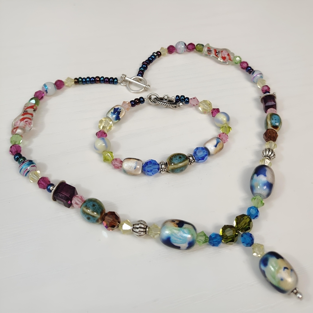 Vintage Sterling Silver Czech Murano Crystal Glass bead Necklace Bracelet Set - Picture 14 of 14